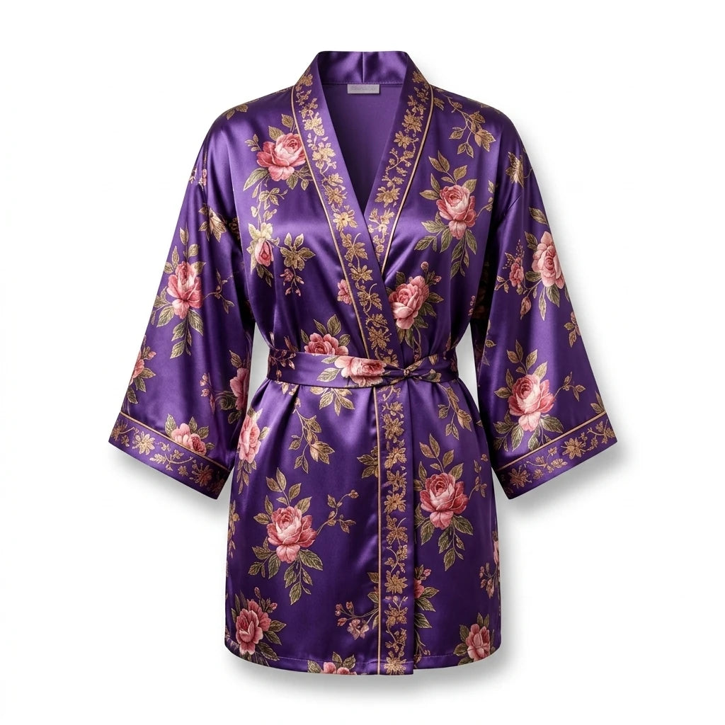 Enhanced Woman wearing a purple floral print satin kimono robe surrounded by vibrant orchids in decorative vases, by a water lily pond in a lush garden setting