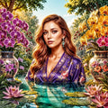 Woman wearing a purple floral print satin kimono robe surrounded by vibrant orchids in decorative vases, by a water lily pond in a lush garden setting