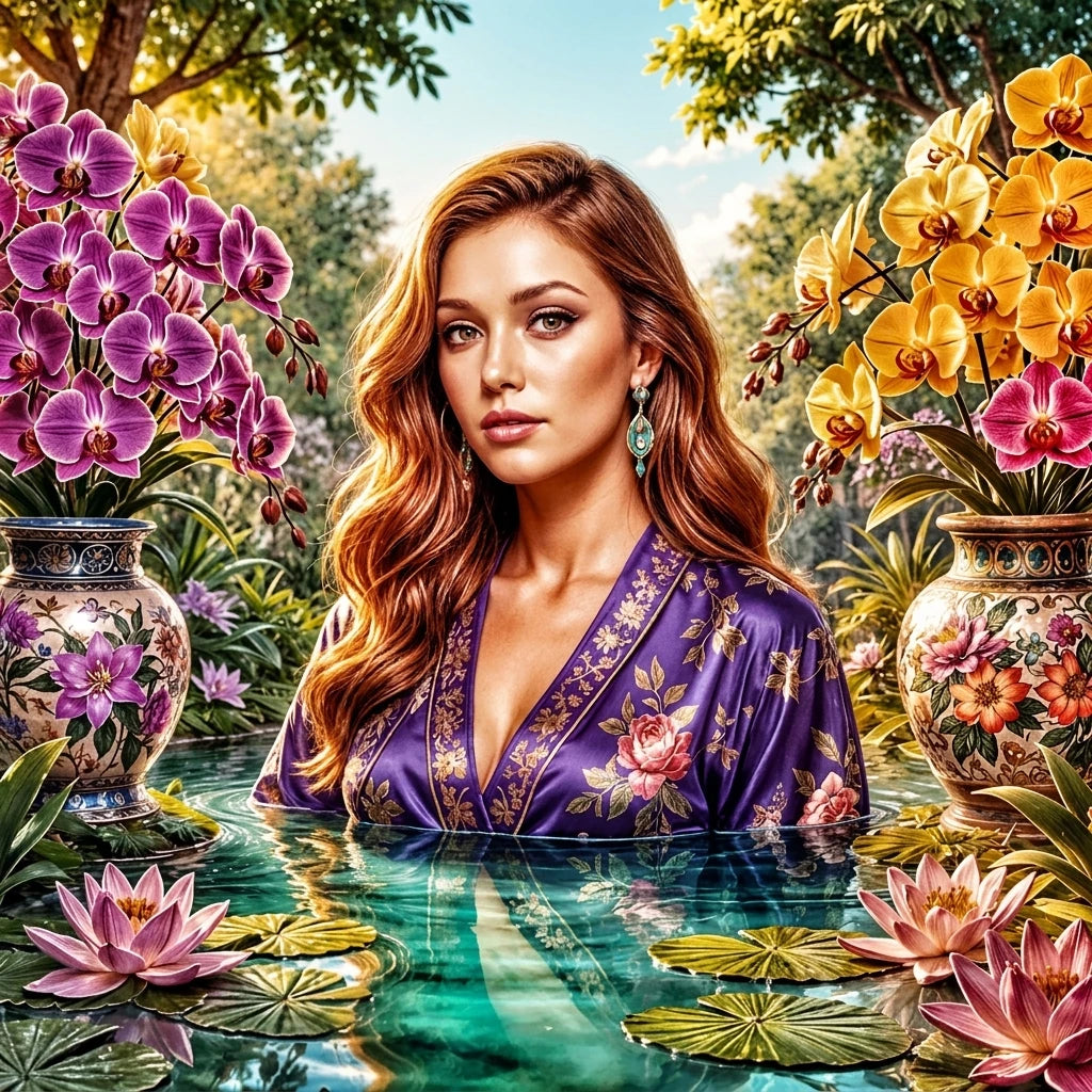 Woman wearing a purple floral print satin kimono robe surrounded by vibrant orchids in decorative vases, by a water lily pond in a lush garden setting
